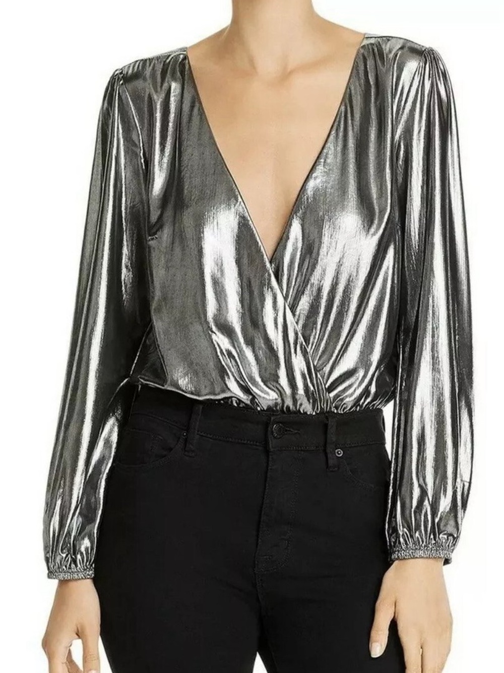 French connection Metallic Silver Wrap bodysuit - Women's Shiny Long-Sleeve Top